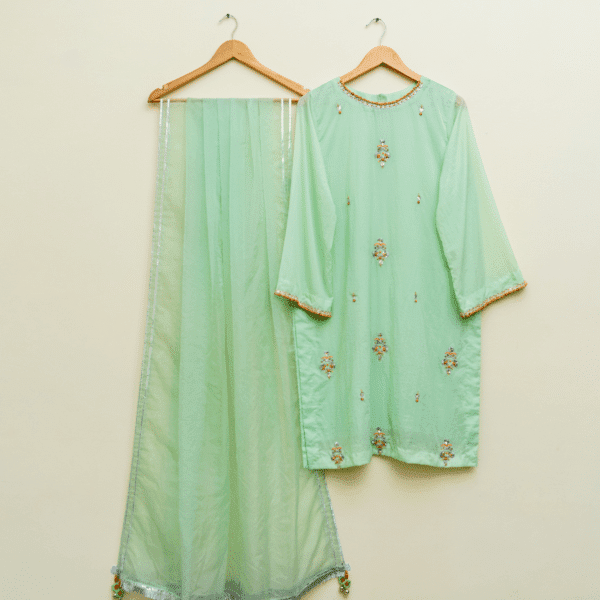 3 piece Pista Silk Shirt, Trouser & Dupatta