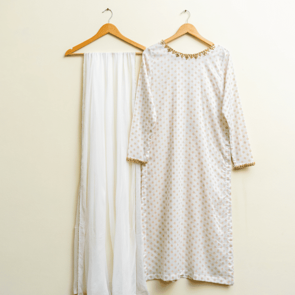 3 Piece White Gold Shirt, Plazo & Dupatta