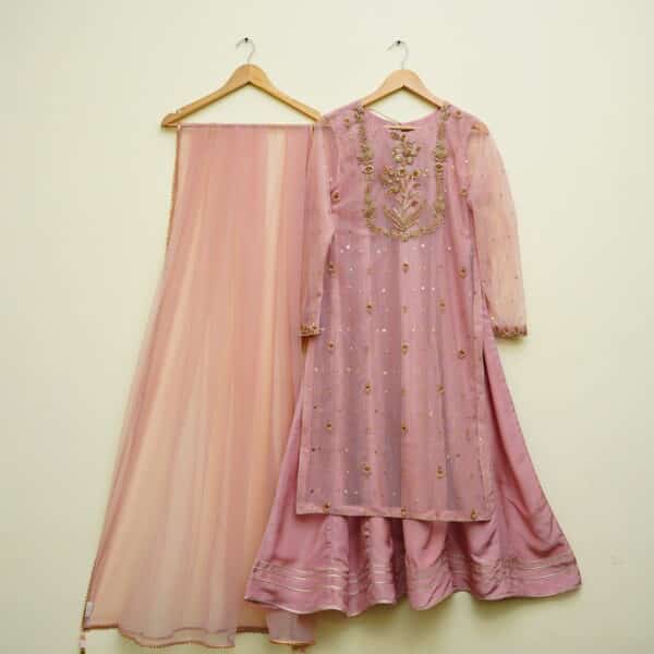 3 Piece Pink Frock Dupatta & Trouser