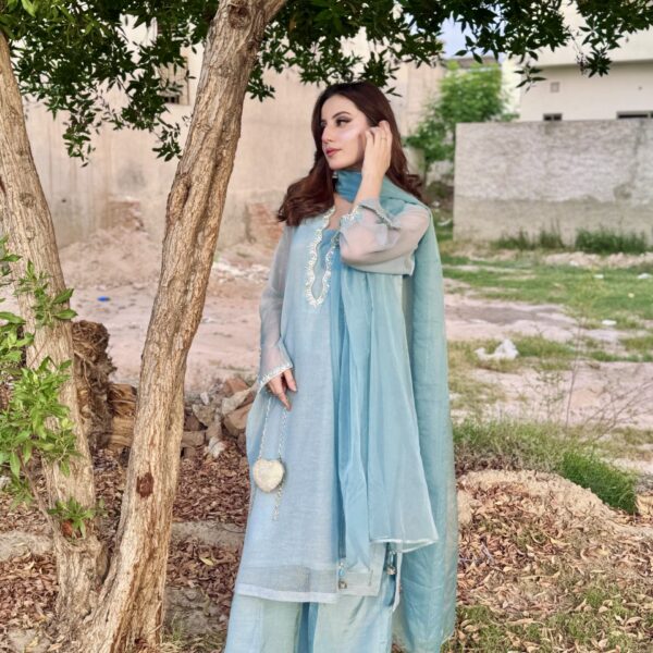 3 Piece Blue Texture Organza Shirt Dupatta & Trouser